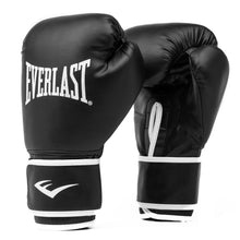 Load image into Gallery viewer, A pair of black Everlast core training gloves with brand logo on the cuffs, designed for boxing and other martial arts.