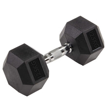 Load image into Gallery viewer, A pair of black rubber hex dumbbells with silver chrome handles, with 12.5KG  markings visible.