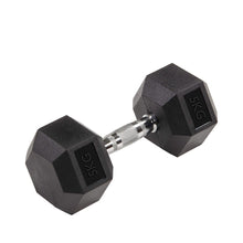 Load image into Gallery viewer, A pair of black 5KG rubber hex dumbbells with contoured handles.