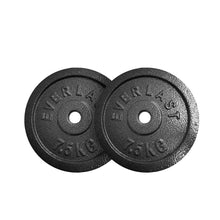 Load image into Gallery viewer, Two black cast iron weight plates with 'Everlast' branding and a weight indication of 7.5KG on them.