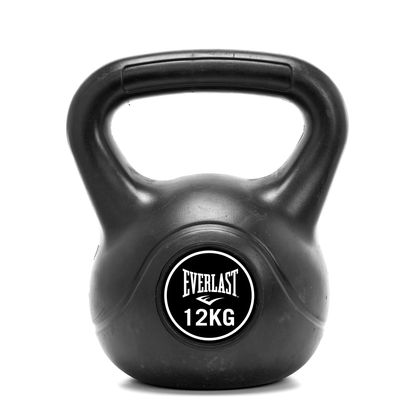 A black 12KG kettlebell with a wide grip and the 'Everlast' logo on the center, placed on a white background.